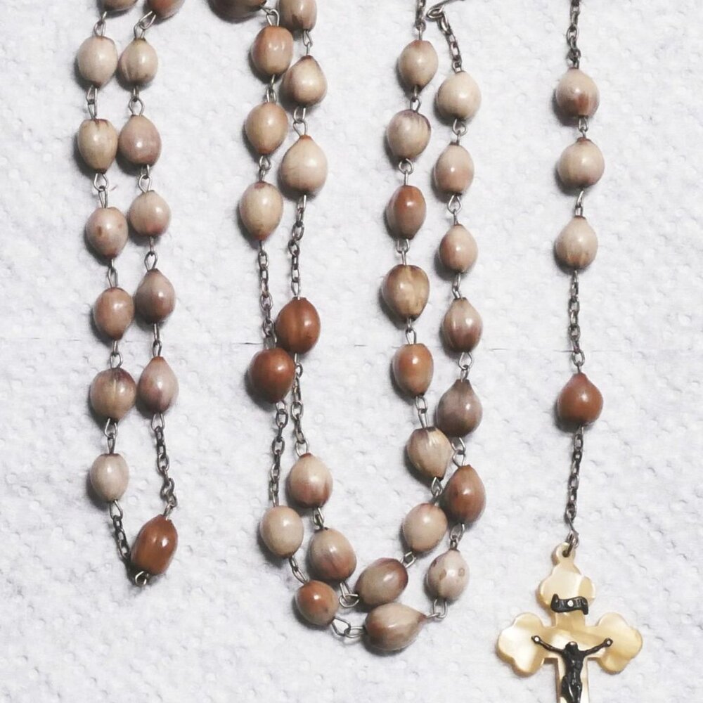 Tan Rosary Beads with Nacre Crucifix Vintage Intact and VGC Seed? Beads